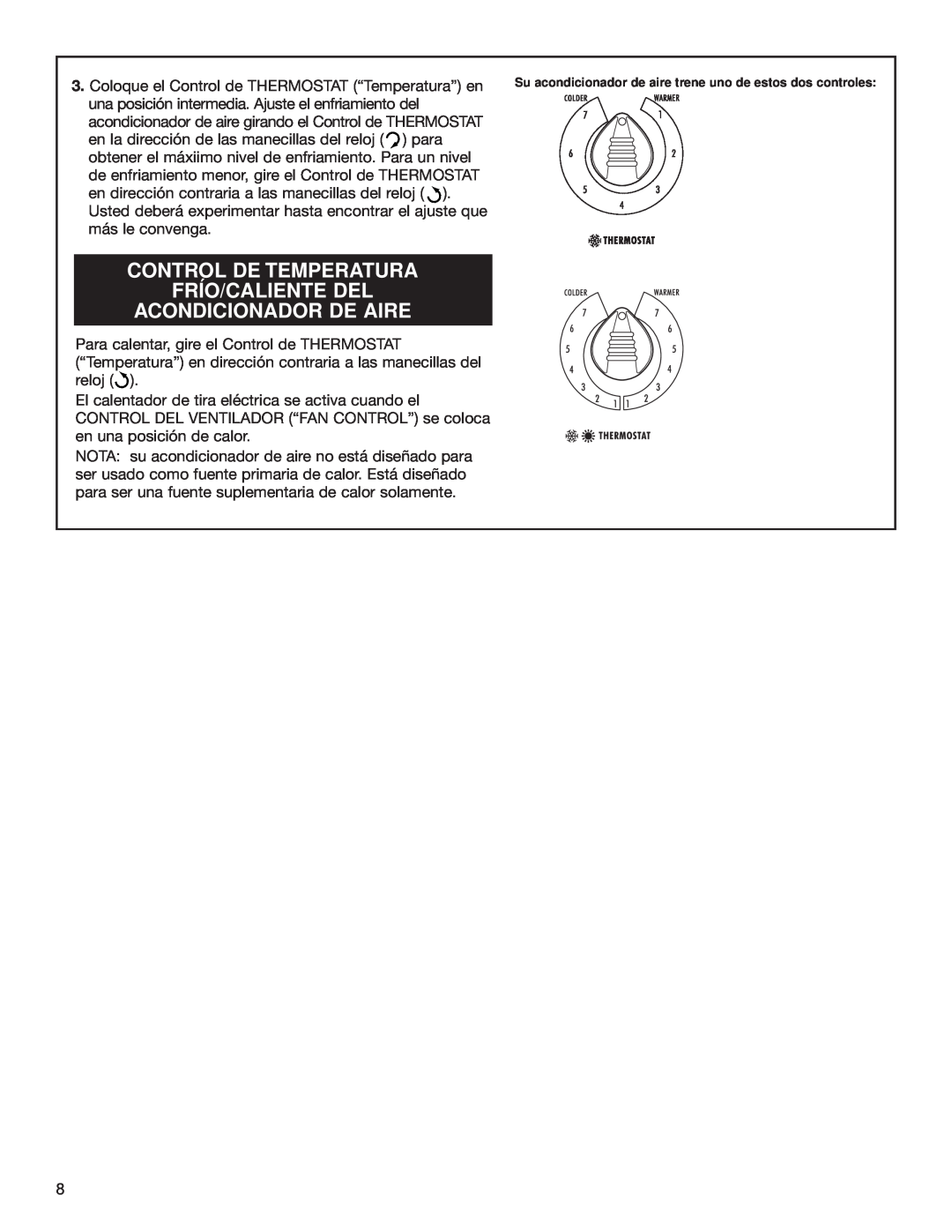 Whirlpool ACE082XH0 manual Control De Temperatura ´ Frio/Caliente Del, Acondicionador De Aire 