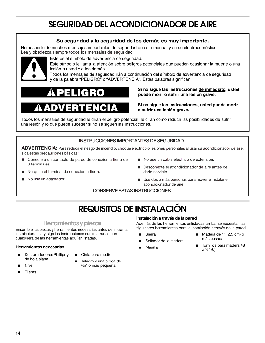 Whirlpool ACE082XP1 manual Seguridad DEL Acondicionador DE Aire, Requisitos DE Instalación, Herramientas y piezas 