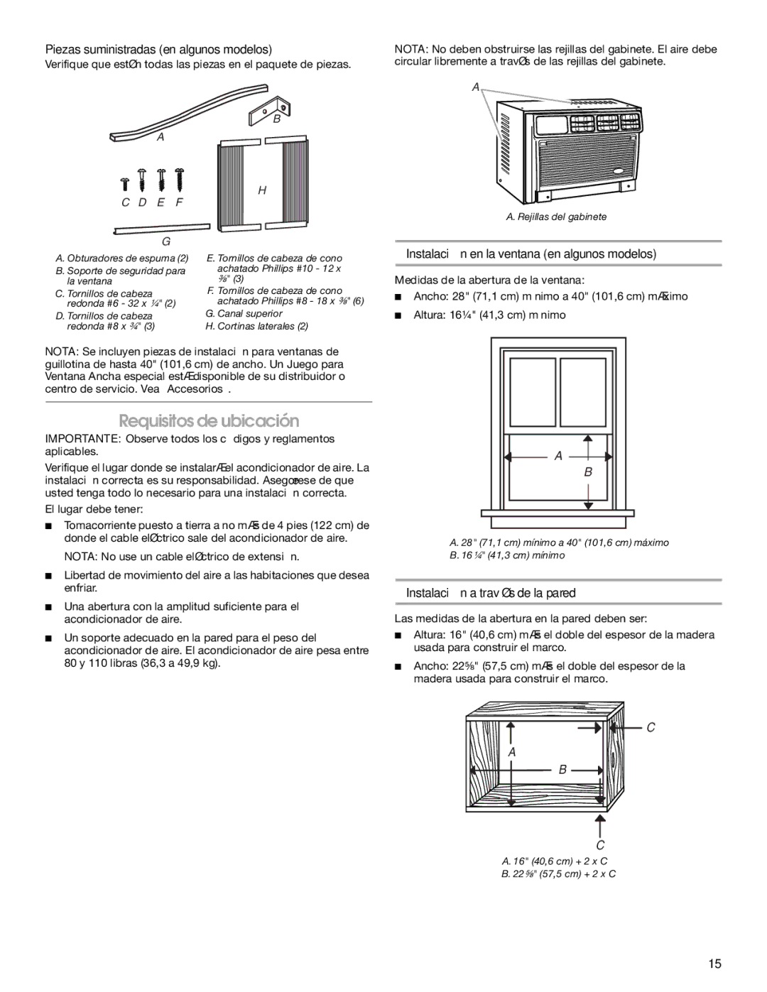 Whirlpool ACE082XP1 manual Requisitos de ubicación, Piezas suministradas en algunos modelos 