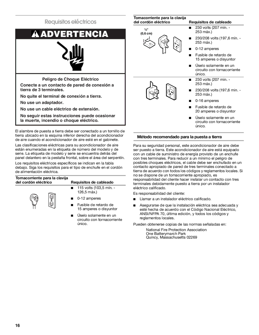 Whirlpool ACE082XP1 manual Requisitos eléctricos, Método recomendado para la puesta a tierra 