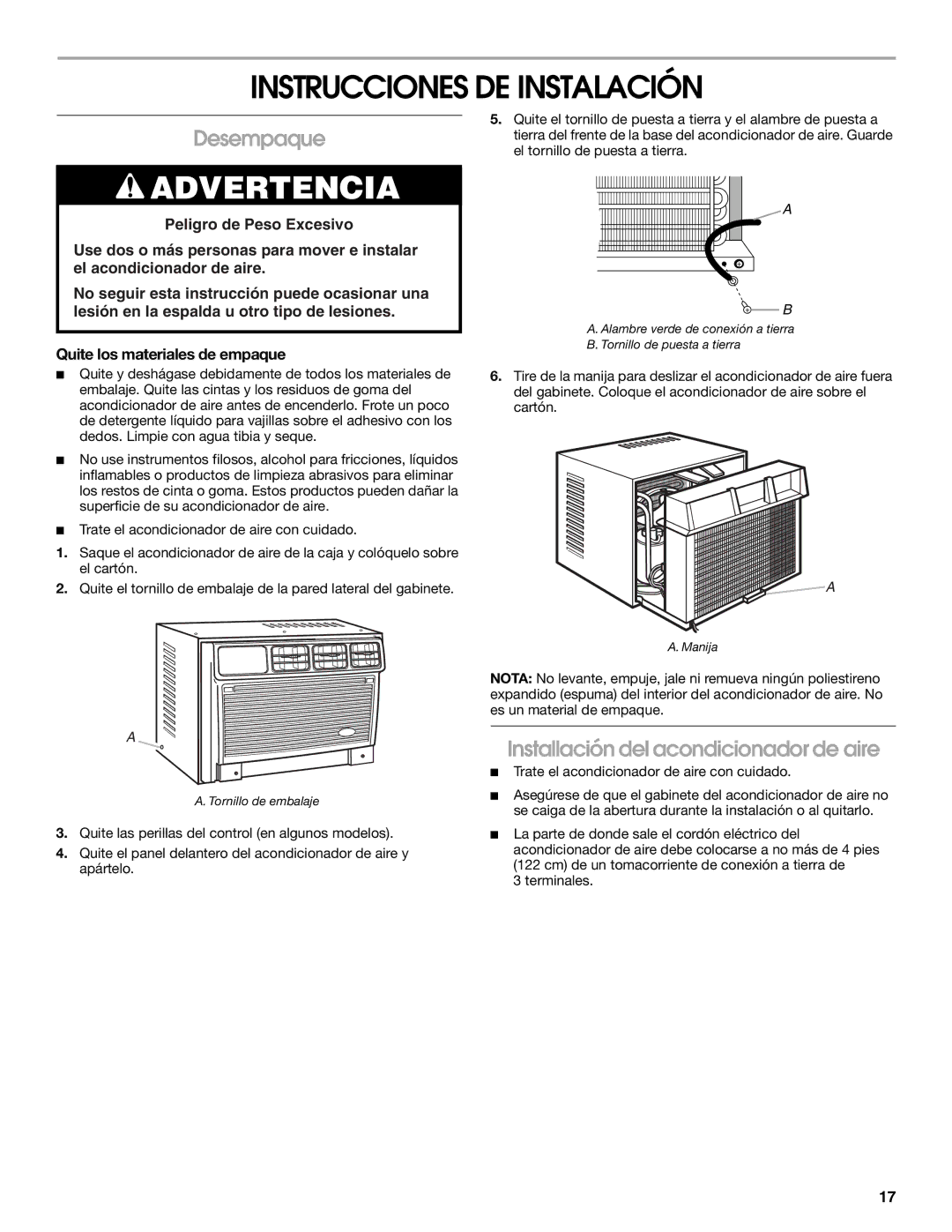 Whirlpool ACE082XP1 manual Instrucciones DE Instalación, Desempaque, Installación del acondicionador de aire 