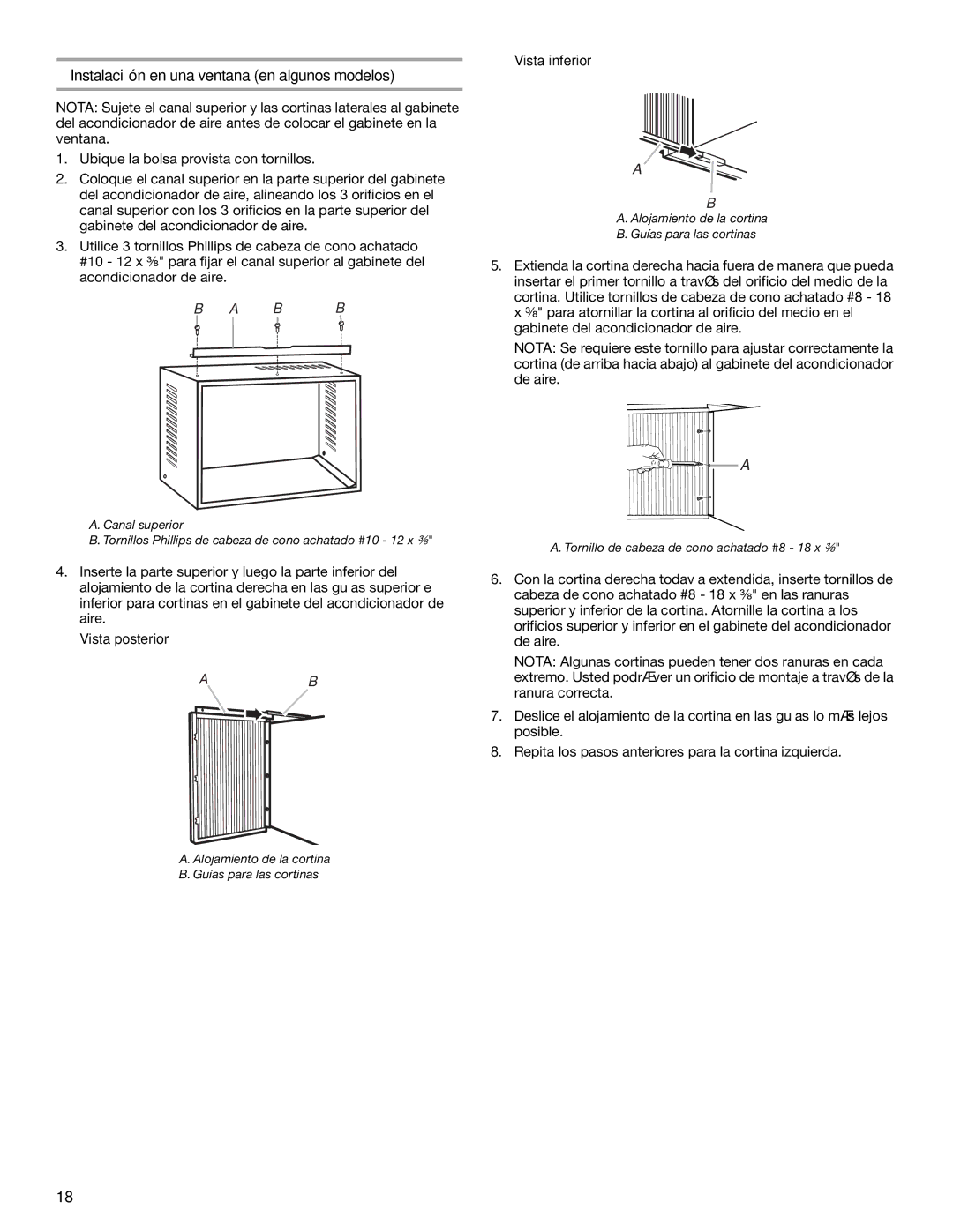 Whirlpool ACE082XP1 manual Instalación en una ventana en algunos modelos, Vista posterior, Vista inferior 