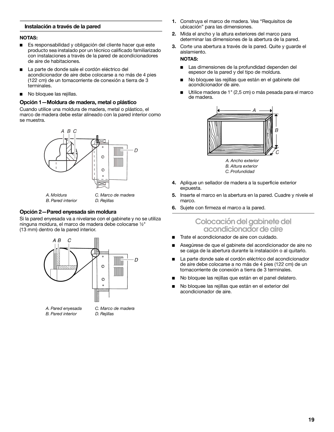 Whirlpool ACE082XP1 manual Colocación del gabinete del Acondicionador de aire, Opción 1-Moldura de madera, metal o plástico 