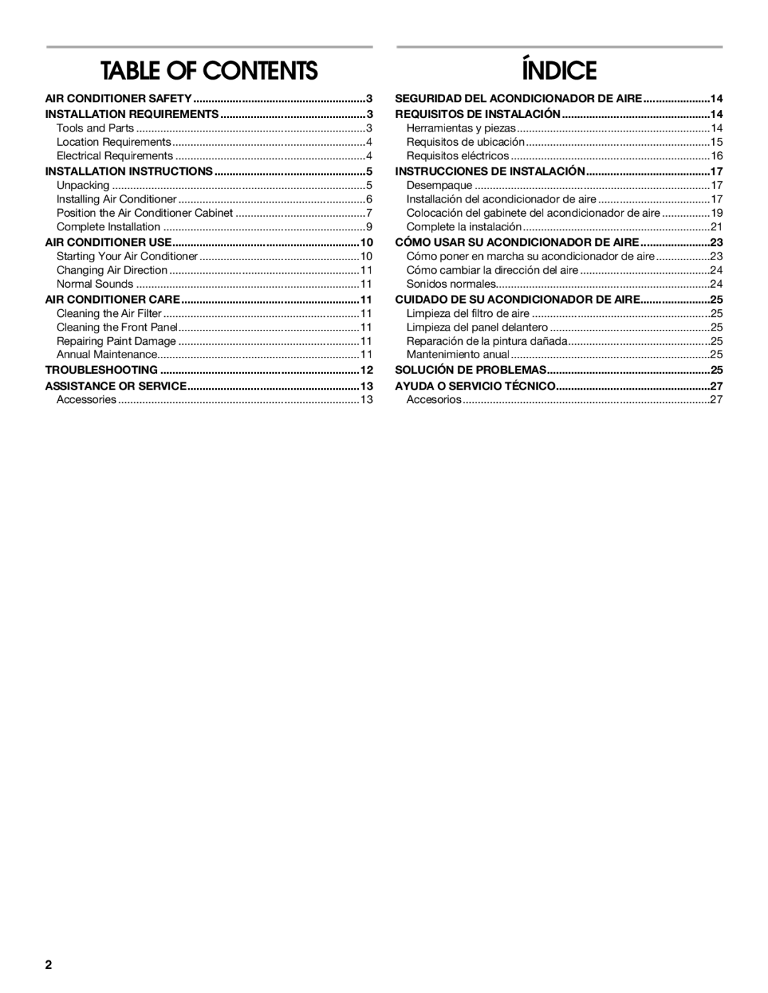 Whirlpool ACE082XP1 manual Table of Contents 