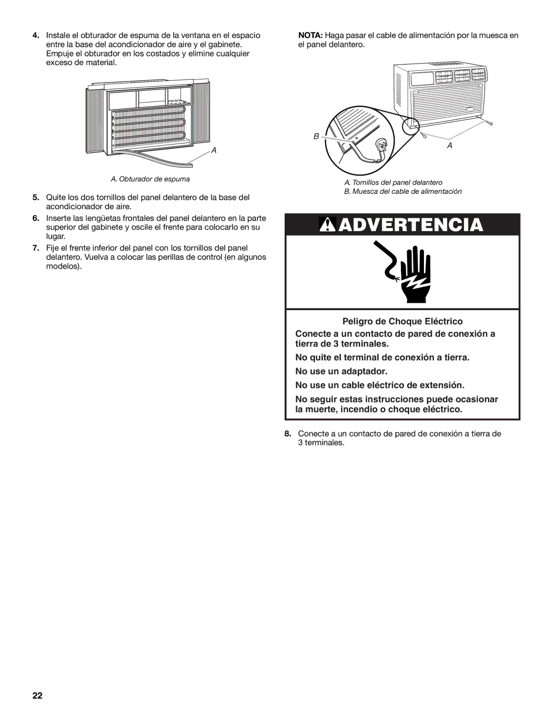 Whirlpool ACE082XP1 manual Advertencia 