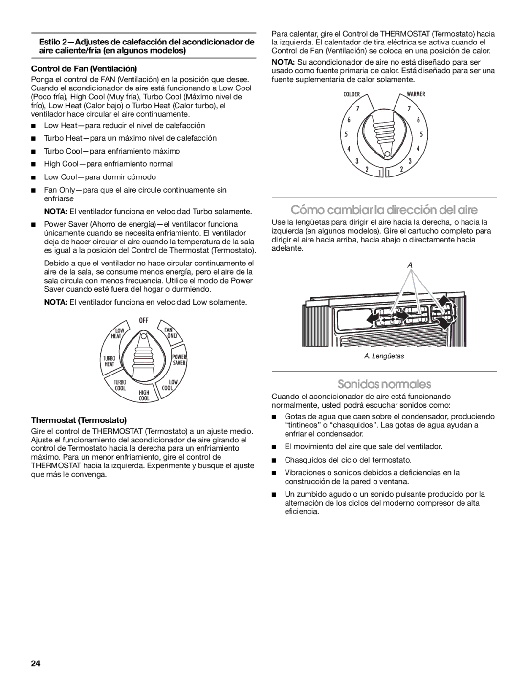 Whirlpool ACE082XP1 manual Cómo cambiar la dirección del aire, Sonidos normales 