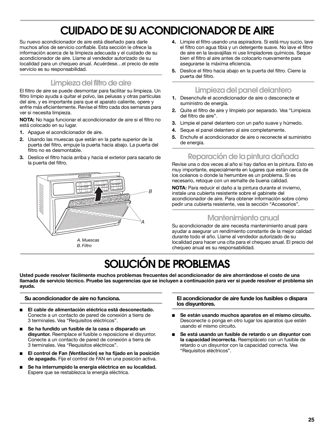 Whirlpool ACE082XP1 manual Cuidado DE SU Acondicionador DE Aire, Solución DE Problemas 