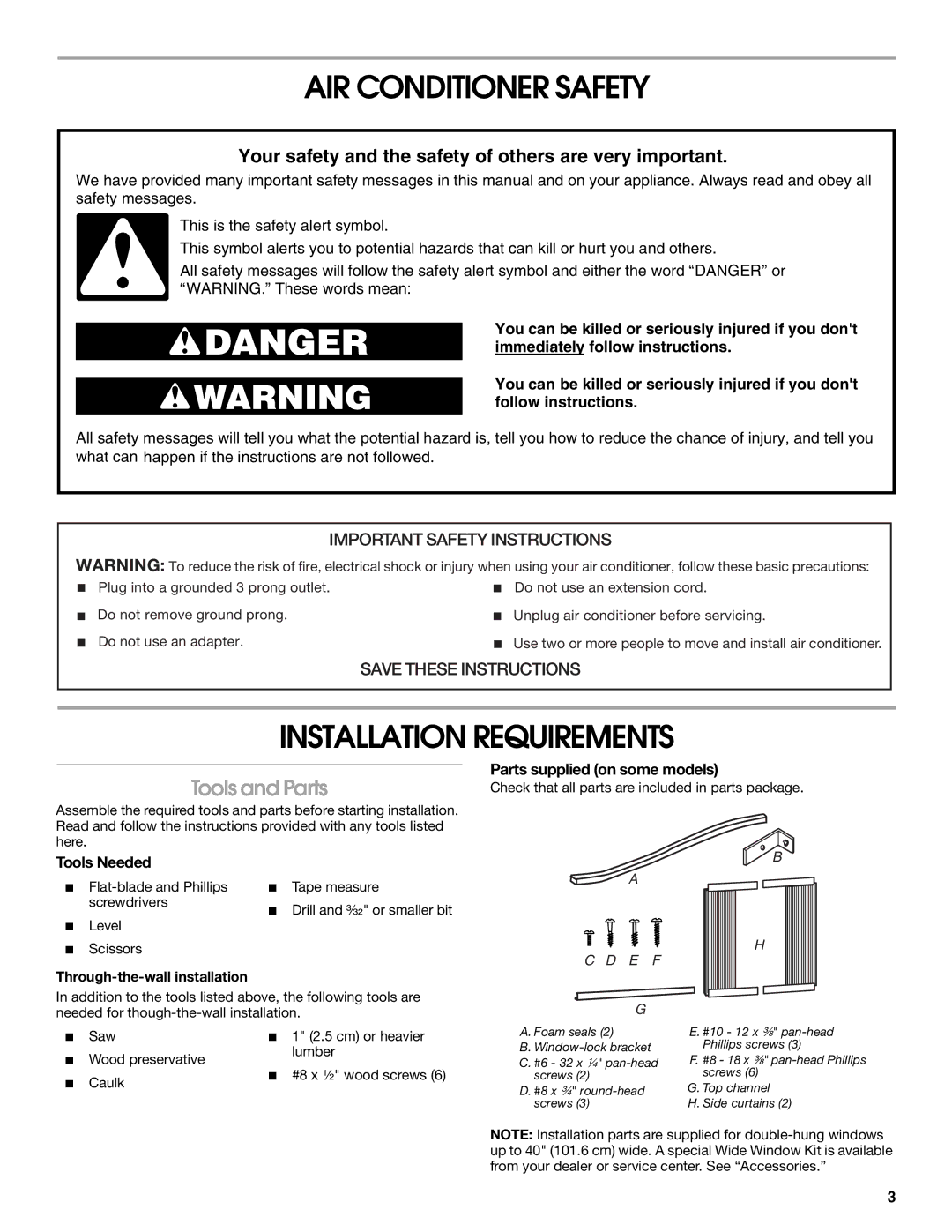 Whirlpool ACE082XP1 AIR Conditioner Safety, Installation Requirements, Tools and Parts, Parts supplied on some models 