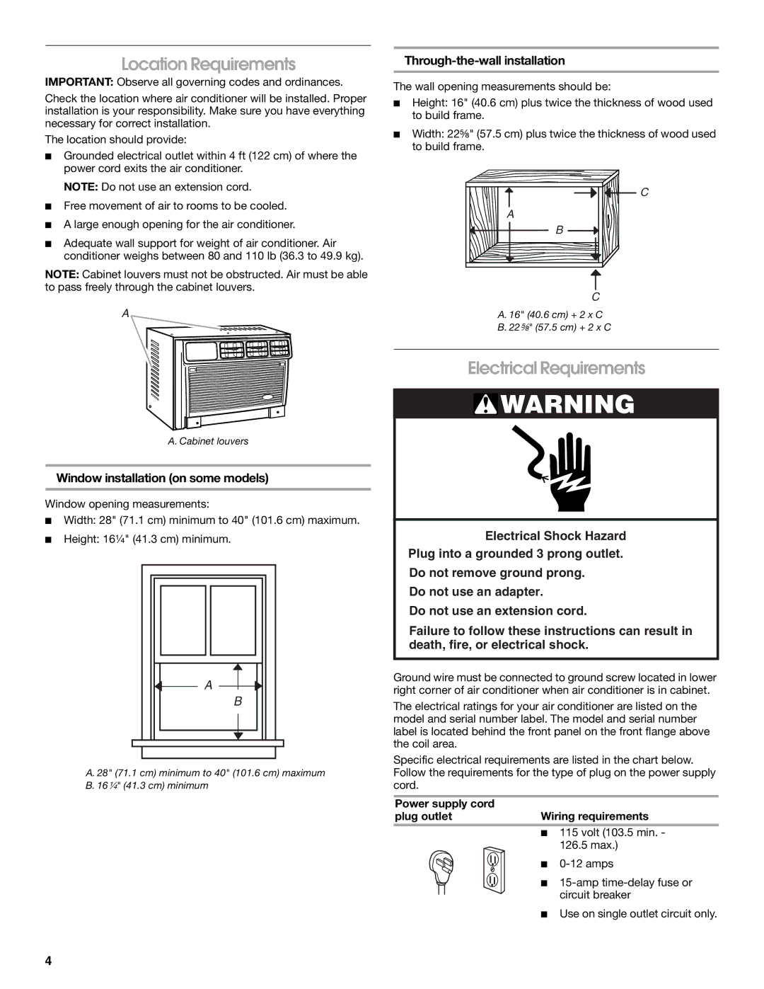 Whirlpool ACE082XP1 manual Location Requirements, Electrical Requirements, Window installation on some models 