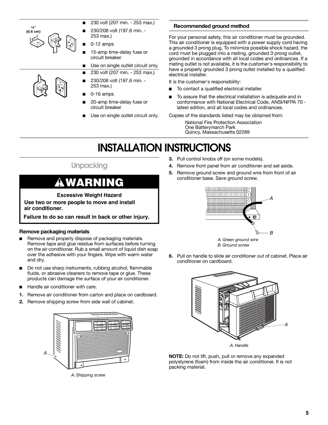 Whirlpool ACE082XP1 manual Installation Instructions, Unpacking, Recommended ground method 