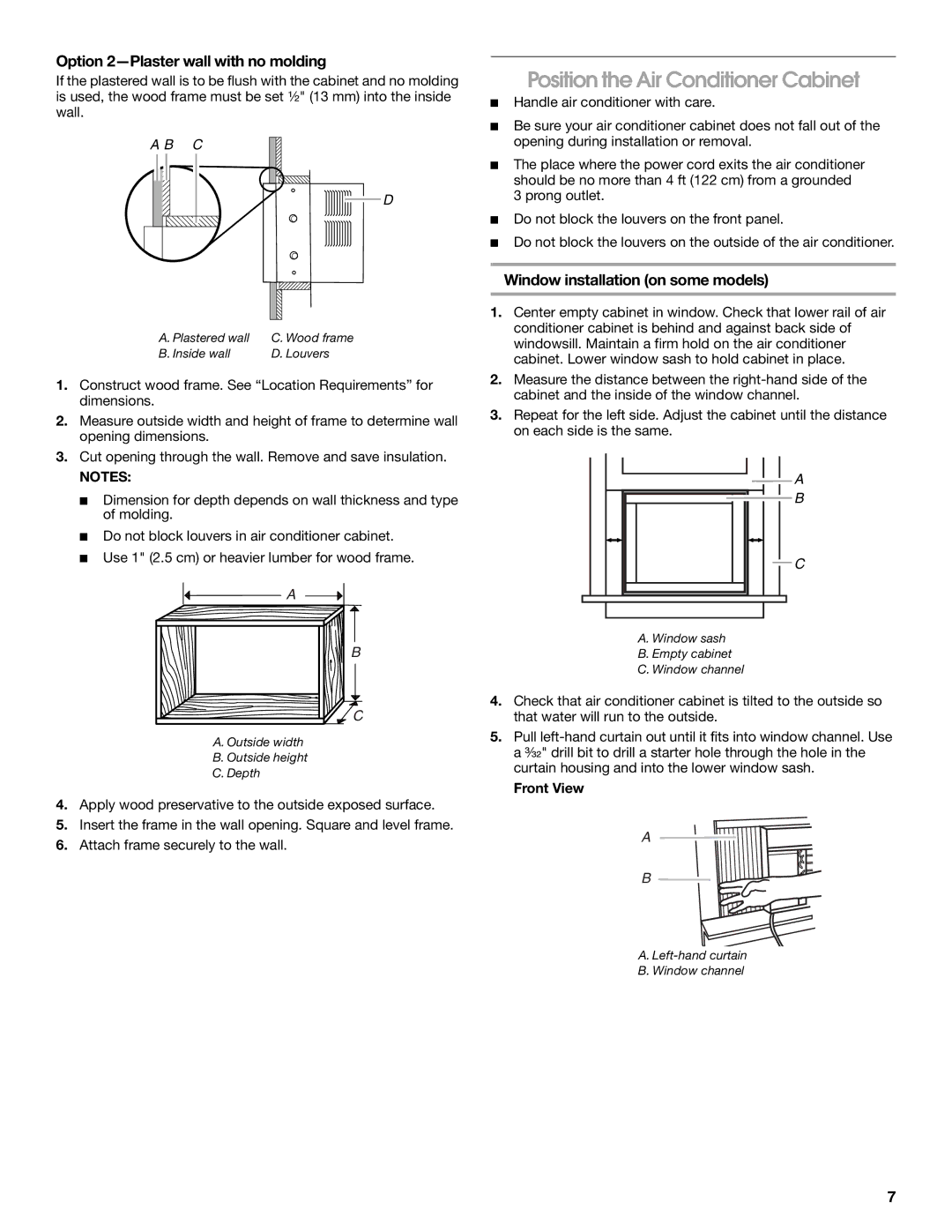 Whirlpool ACE082XP1 manual Position the Air Conditioner Cabinet, Option 2-Plaster wall with no molding, Front View 