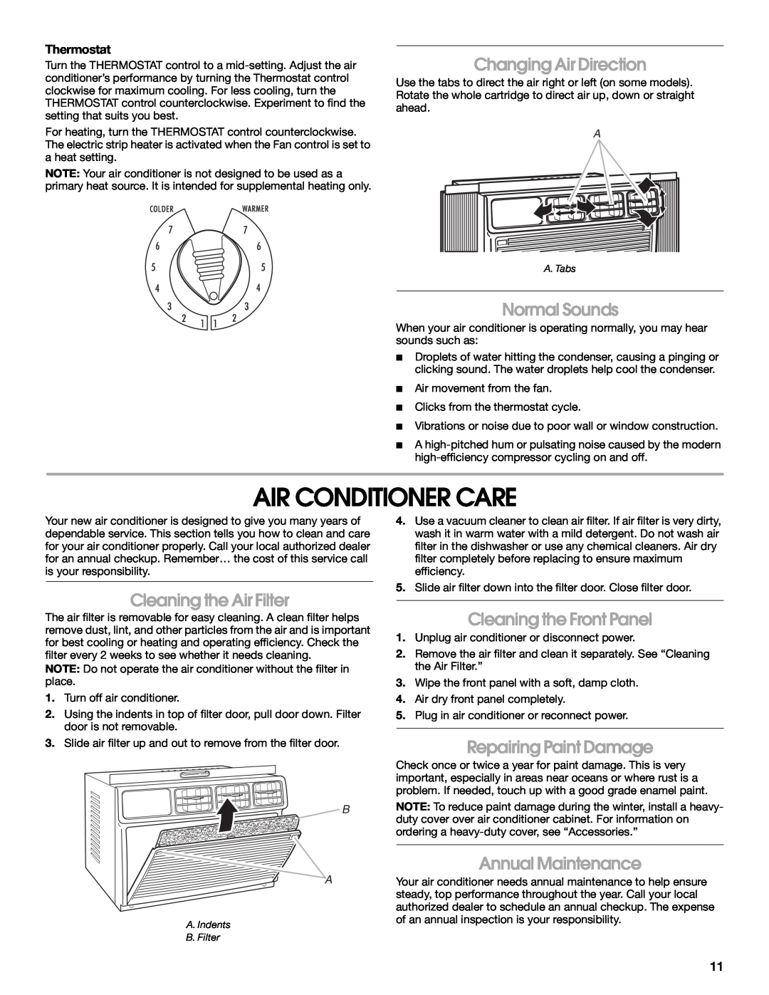 Whirlpool ACE082XP1 manual Air Conditioner Care, Changing Air Direction, Normal Sounds, Cleaning the Air Filter, Thermostat 