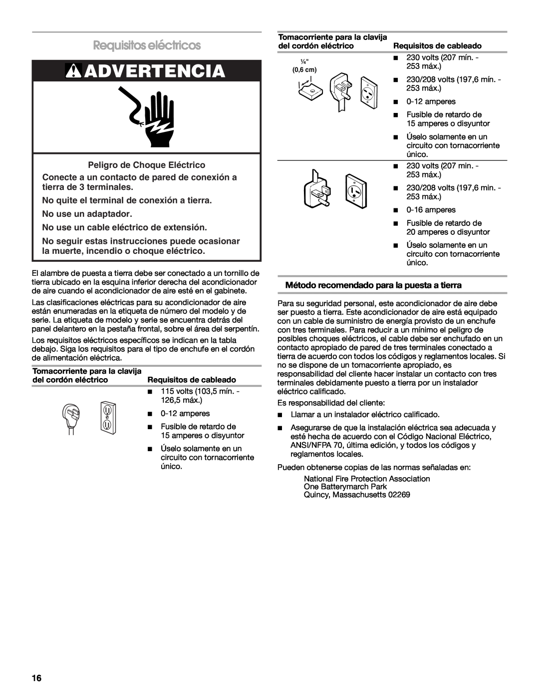 Whirlpool ACE082XP1 manual Advertencia, Requisitos eléctricos, Peligro de Choque Eléctrico, No use un adaptador 