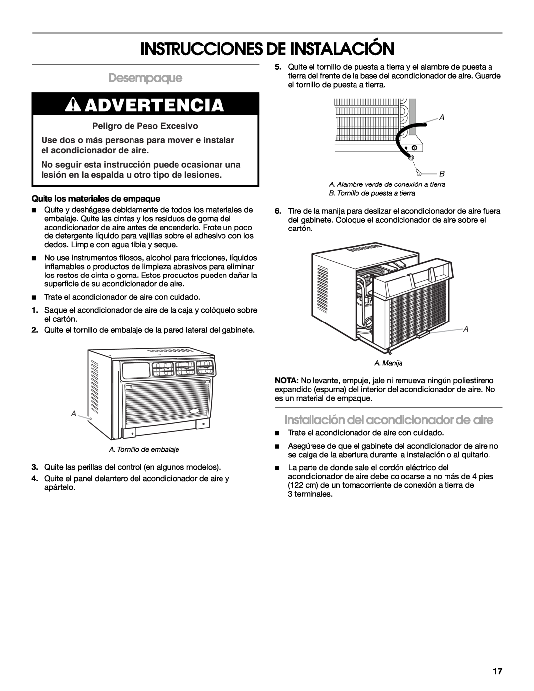 Whirlpool ACE082XP1 manual Instrucciones De Instalación, Desempaque, Installación del acondicionador de aire, Advertencia 