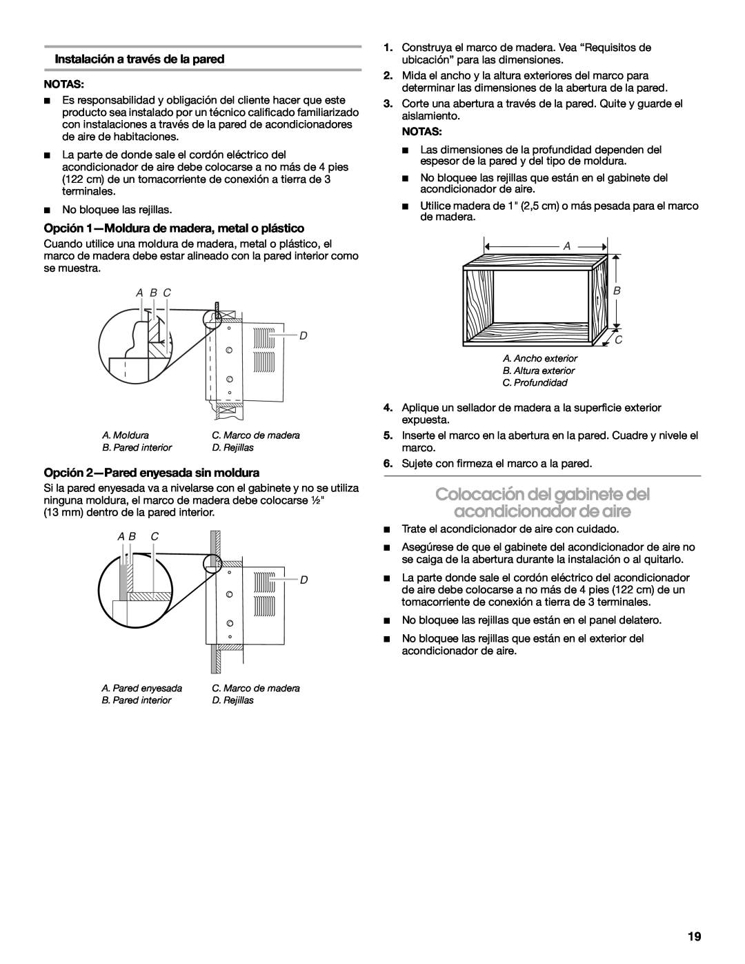 Whirlpool ACE082XP1 manual Colocación del gabinete del, acondicionador de aire, Opción 1-Moldurade madera, metal o plástico 