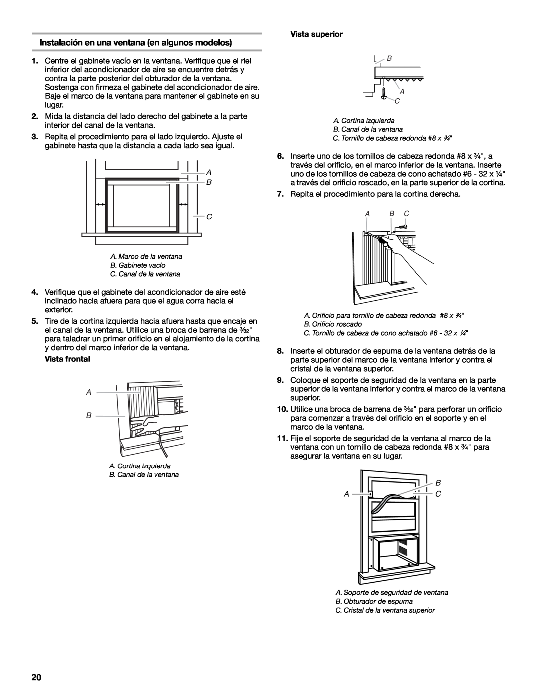 Whirlpool ACE082XP1 manual Instalación en una ventana en algunos modelos, Vista frontal, Vista superior, B A C 