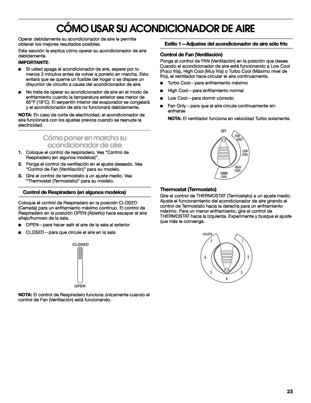 Whirlpool ACE082XP1 manual Cómo Usar Su Acondicionador De Aire, Cómo poner en marcha su acondicionador de aire 