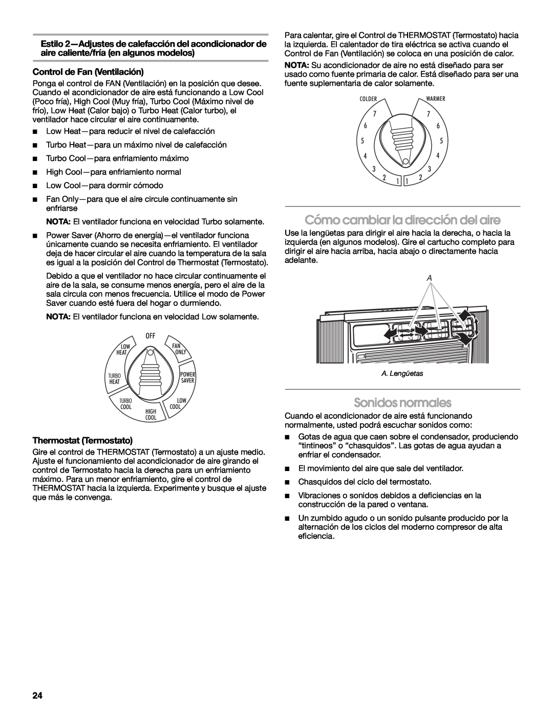 Whirlpool ACE082XP1 manual Cómo cambiar la dirección del aire, Sonidos normales, Control de Fan Ventilación 