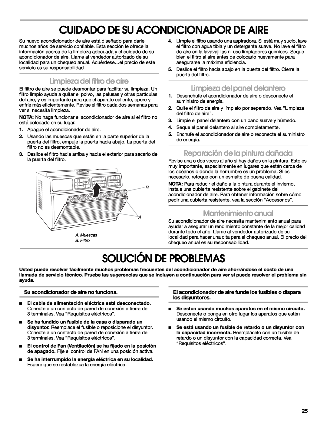 Whirlpool ACE082XP1 manual Cuidado De Su Acondicionador De Aire, Solución De Problemas, Limpieza del filtro de aire 