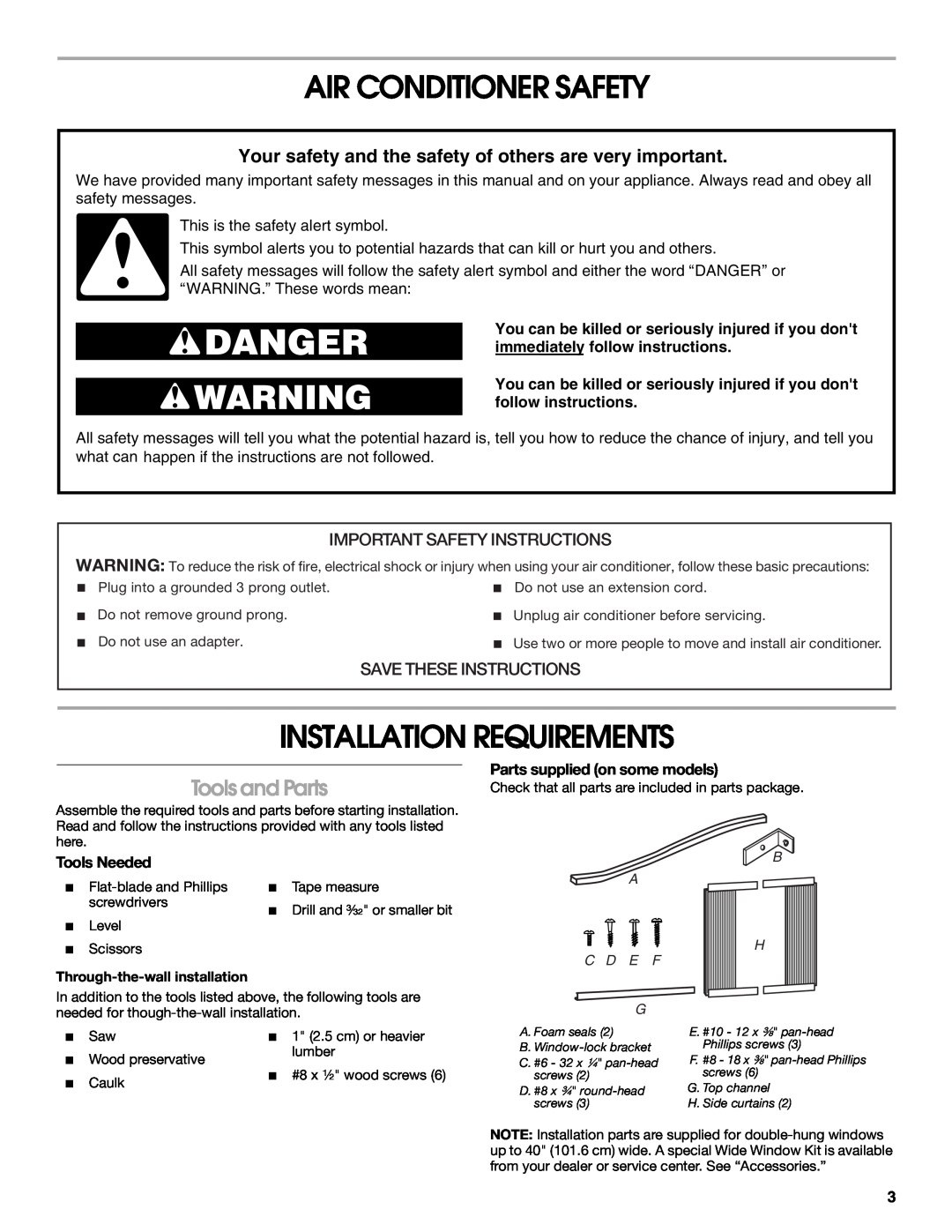 Whirlpool ACE082XP1 Air Conditioner Safety, Installation Requirements, Tools and Parts, Important Safety Instructions 