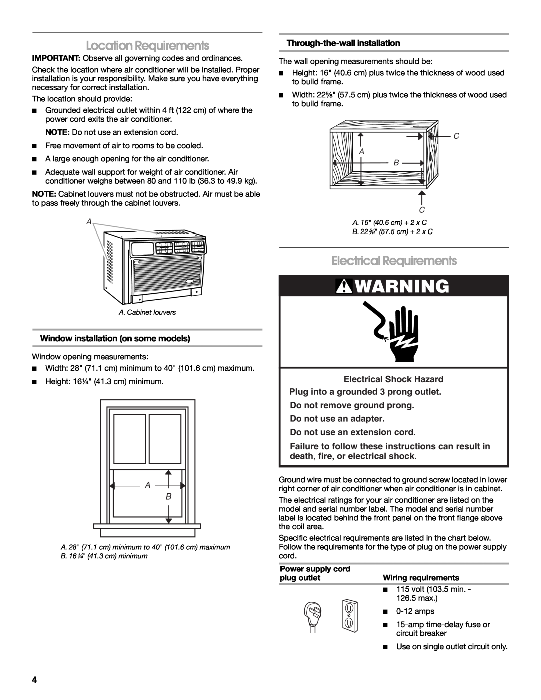 Whirlpool ACE082XP1 manual Location Requirements, Electrical Requirements, Window installation on some models 