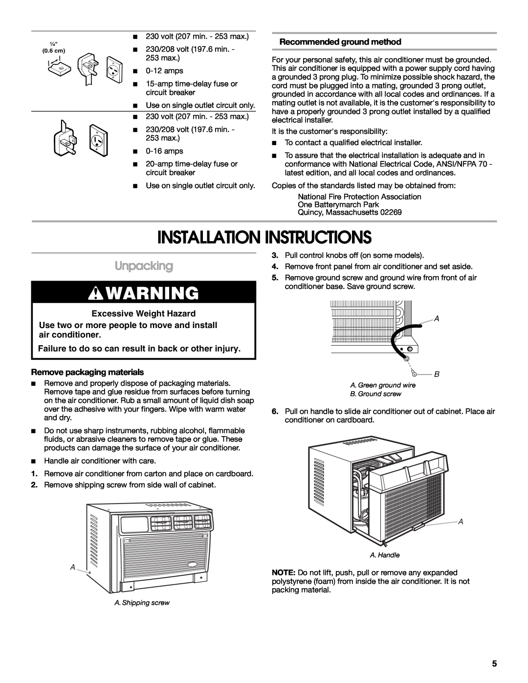 Whirlpool ACE082XP1 manual Installation Instructions, Unpacking, Recommended ground method, Excessive Weight Hazard 