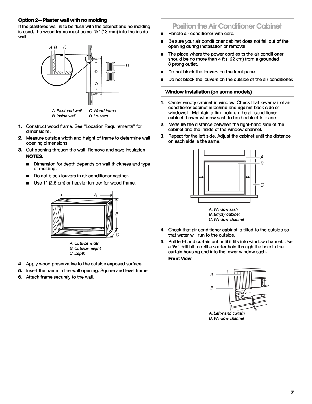 Whirlpool ACE082XP1 manual Position the Air Conditioner Cabinet, Option 2-Plasterwall with no molding, A B C D 