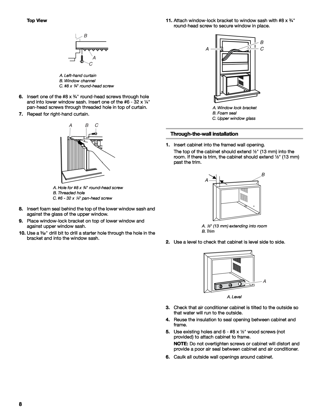 Whirlpool ACE082XP1 manual Through-the-wallinstallation, Top View, A B C, B A C 