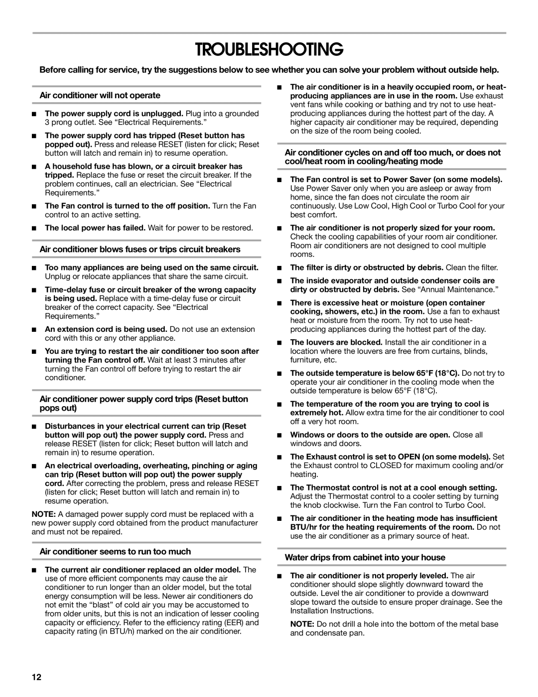 Whirlpool ACE082XR0 manual Troubleshooting, Air conditioner blows fuses or trips circuit breakers 