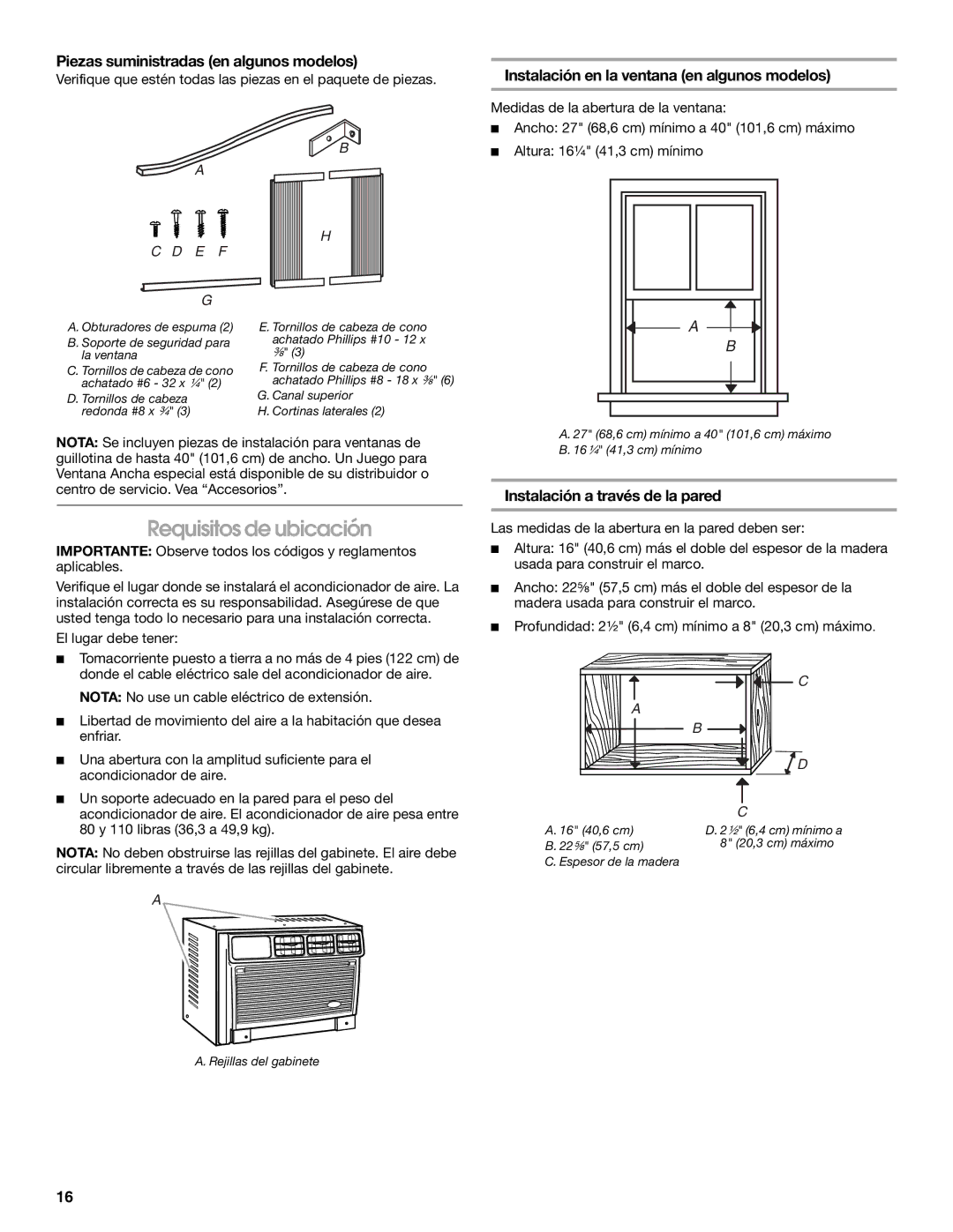 Whirlpool ACE082XR0 manual Requisitos de ubicación, Piezas suministradas en algunos modelos 