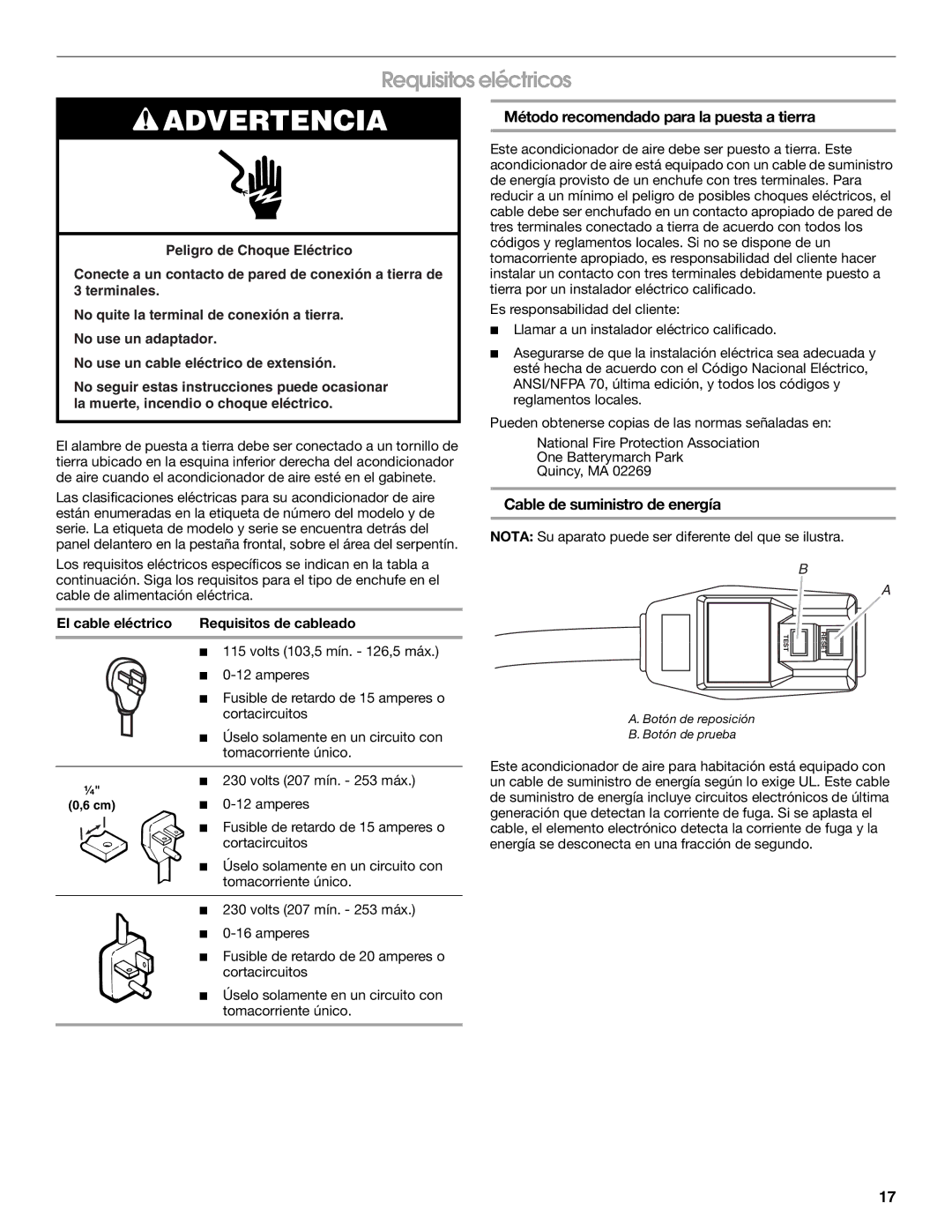 Whirlpool ACE082XR0 Requisitos eléctricos, Método recomendado para la puesta a tierra, Cable de suministro de energía 