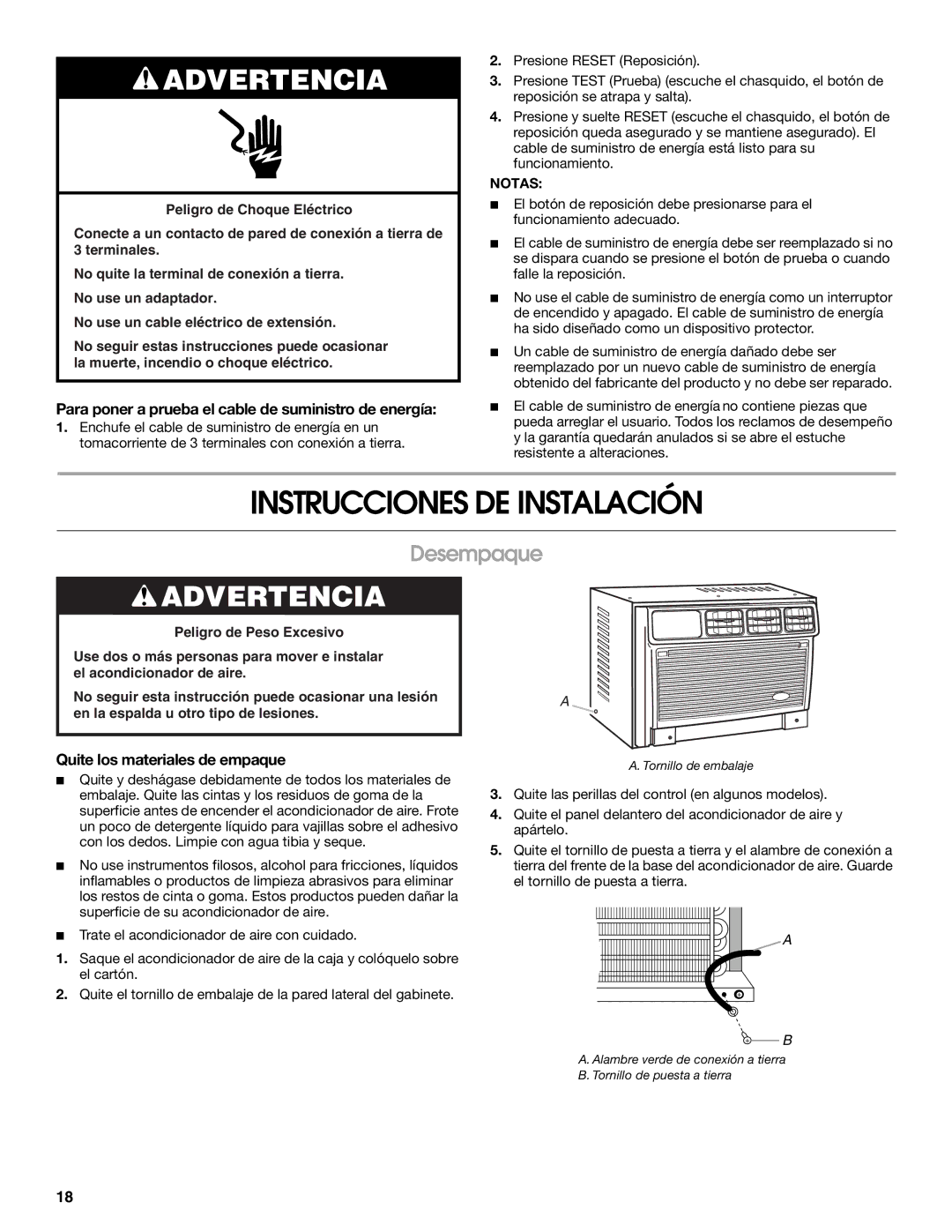 Whirlpool ACE082XR0 manual Instrucciones DE Instalación, Desempaque, Para poner a prueba el cable de suministro de energía 