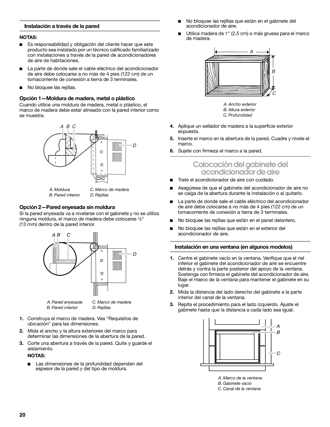 Whirlpool ACE082XR0 manual Colocación del gabinete del Acondicionador de aire, Opción 1-Moldura de madera, metal o plástico 