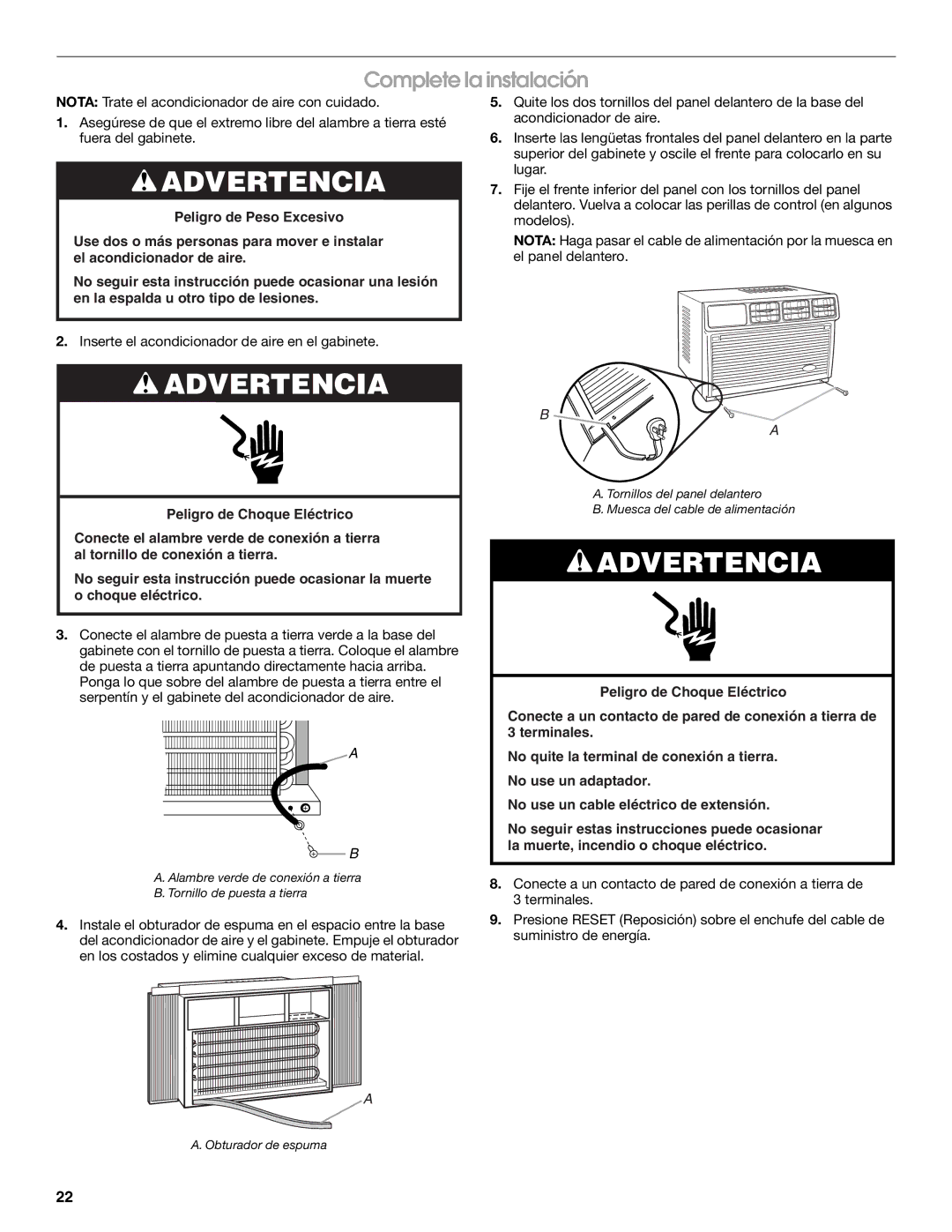 Whirlpool ACE082XR0 manual Complete la instalación 