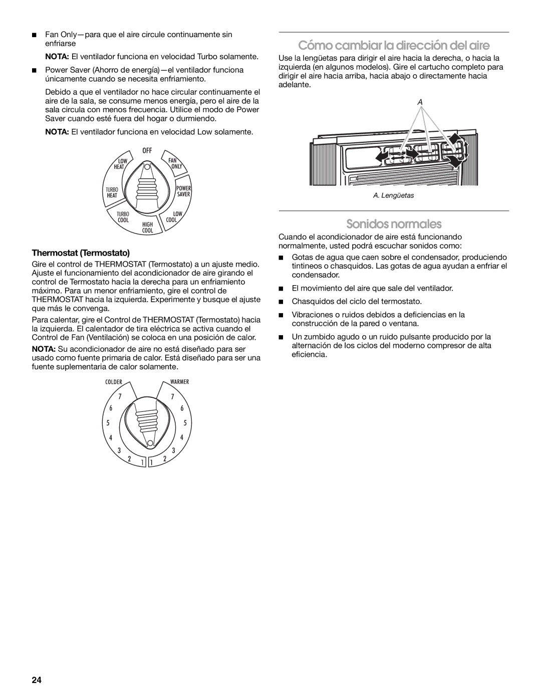 Whirlpool ACE082XR0 manual Cómo cambiar la dirección del aire, Sonidos normales 