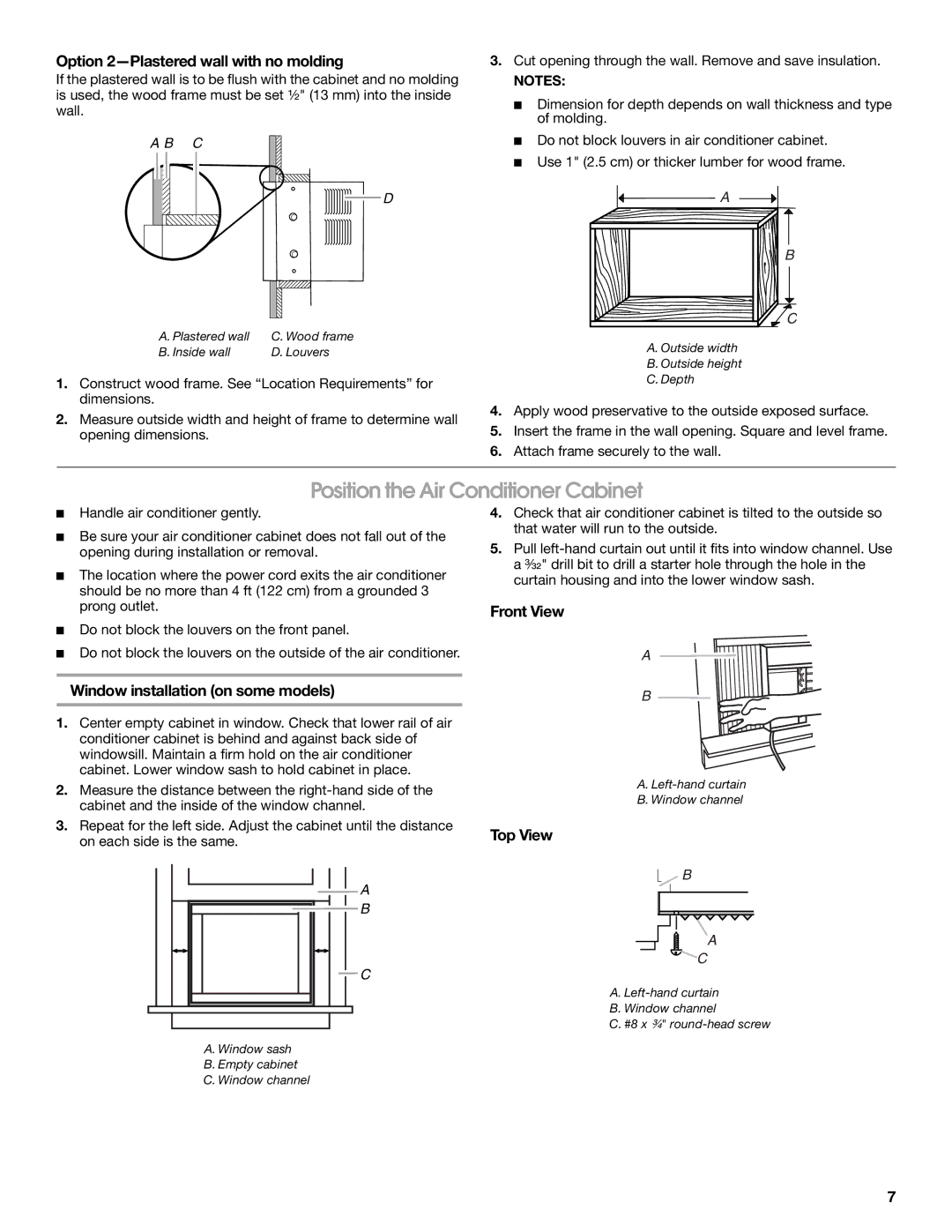 Whirlpool ACE082XR0 Position the Air Conditioner Cabinet, Option 2-Plastered wall with no molding, Front View, Top View 