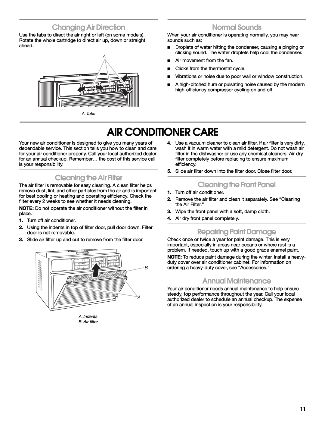 Whirlpool ACE082XR0 manual Air Conditioner Care, Changing Air Direction, Normal Sounds, Cleaning the Air Filter 