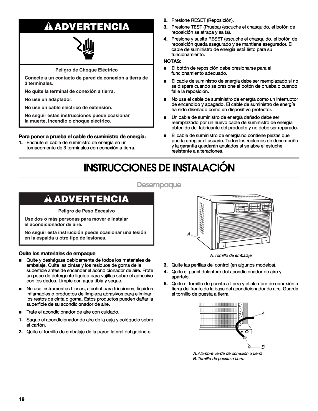 Whirlpool ACE082XR0 manual Instrucciones De Instalación, Desempaque, Quite los materiales de empaque, Advertencia 