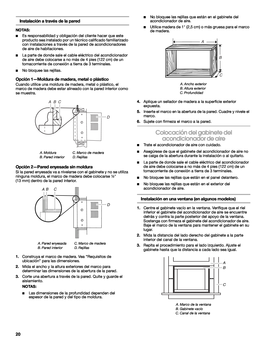 Whirlpool ACE082XR0 manual Colocación del gabinete del, acondicionador de aire, Opción 1-Moldurade madera, metal o plástico 