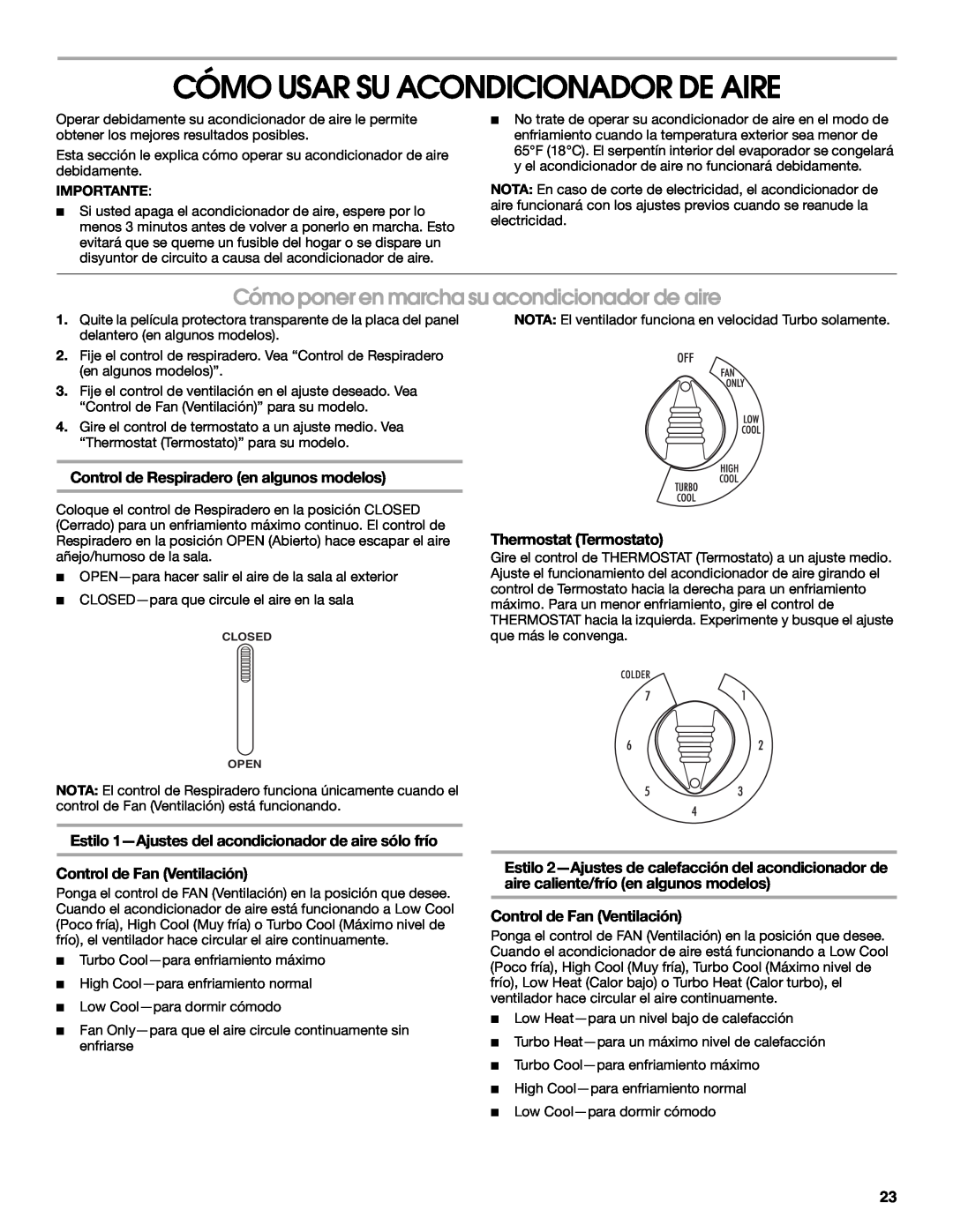 Whirlpool ACE082XR0 manual Cómo Usar Su Acondicionador De Aire, Cómo poner en marcha su acondicionador de aire 