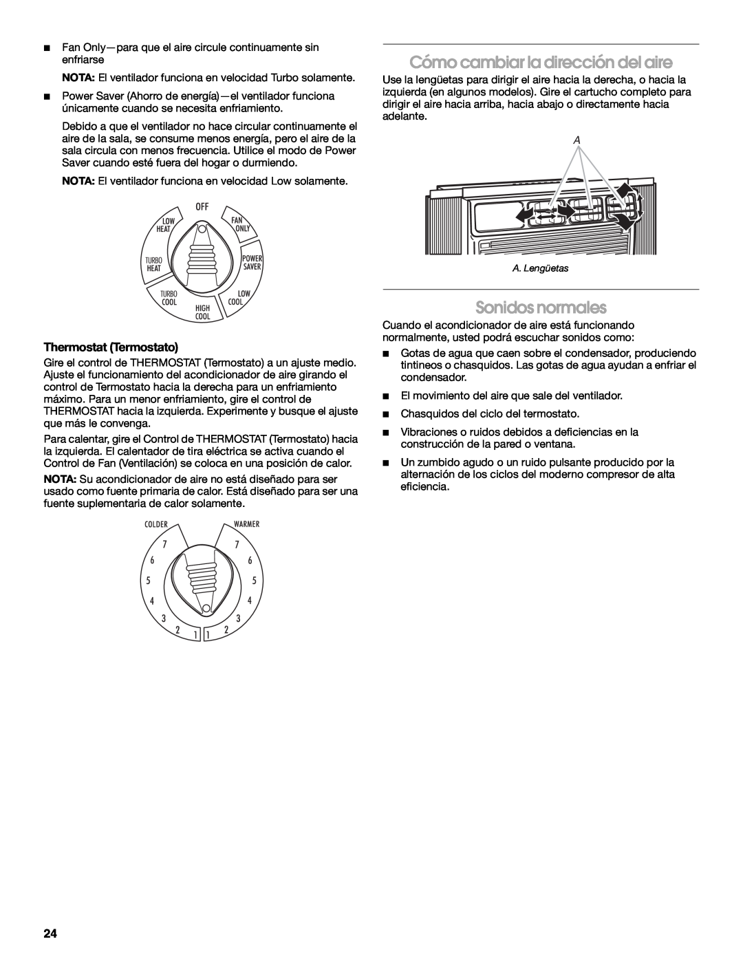 Whirlpool ACE082XR0 manual Cómo cambiar la dirección del aire, Sonidos normales, Thermostat Termostato 