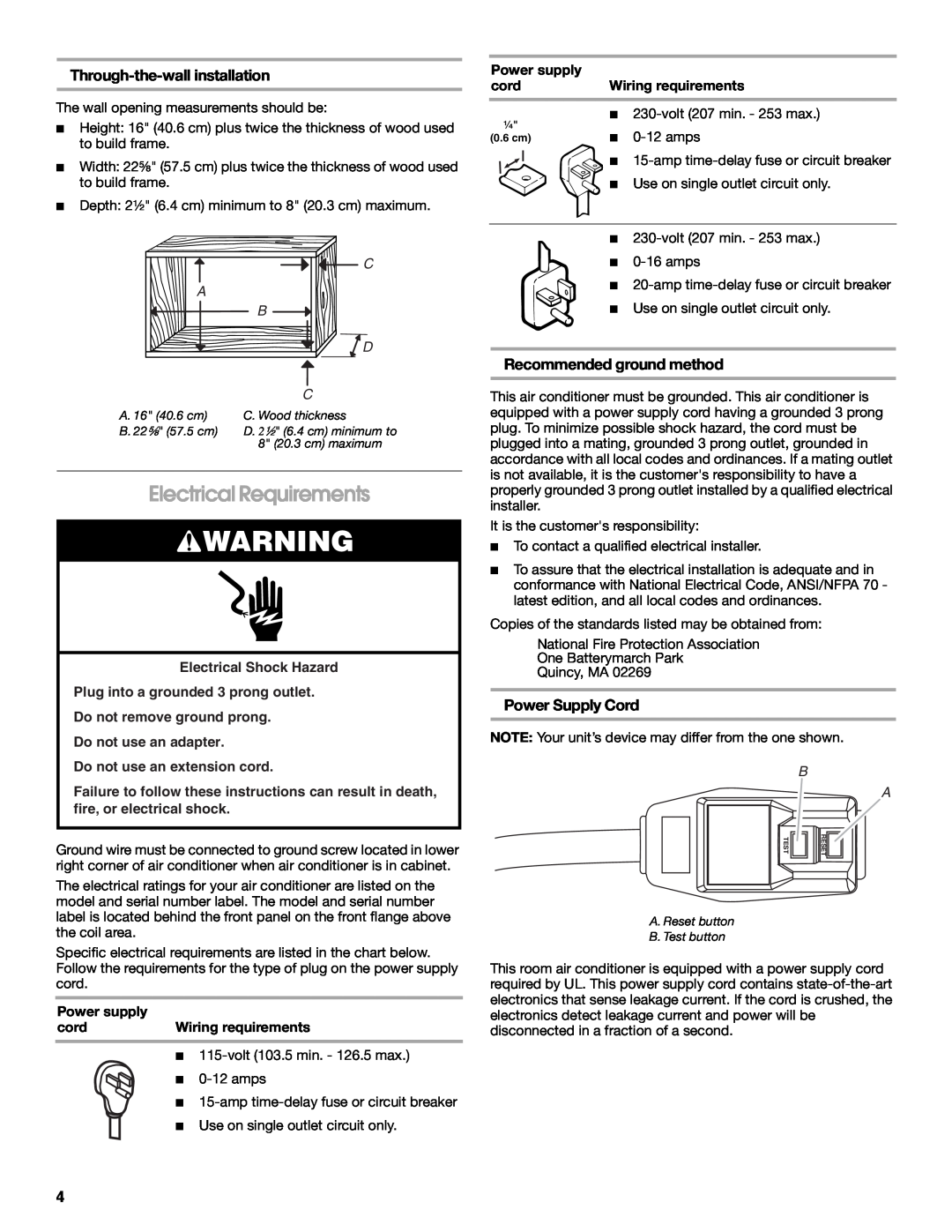 Whirlpool ACE082XR0 Electrical Requirements, Through-the-wallinstallation, Recommended ground method, Power Supply Cord 