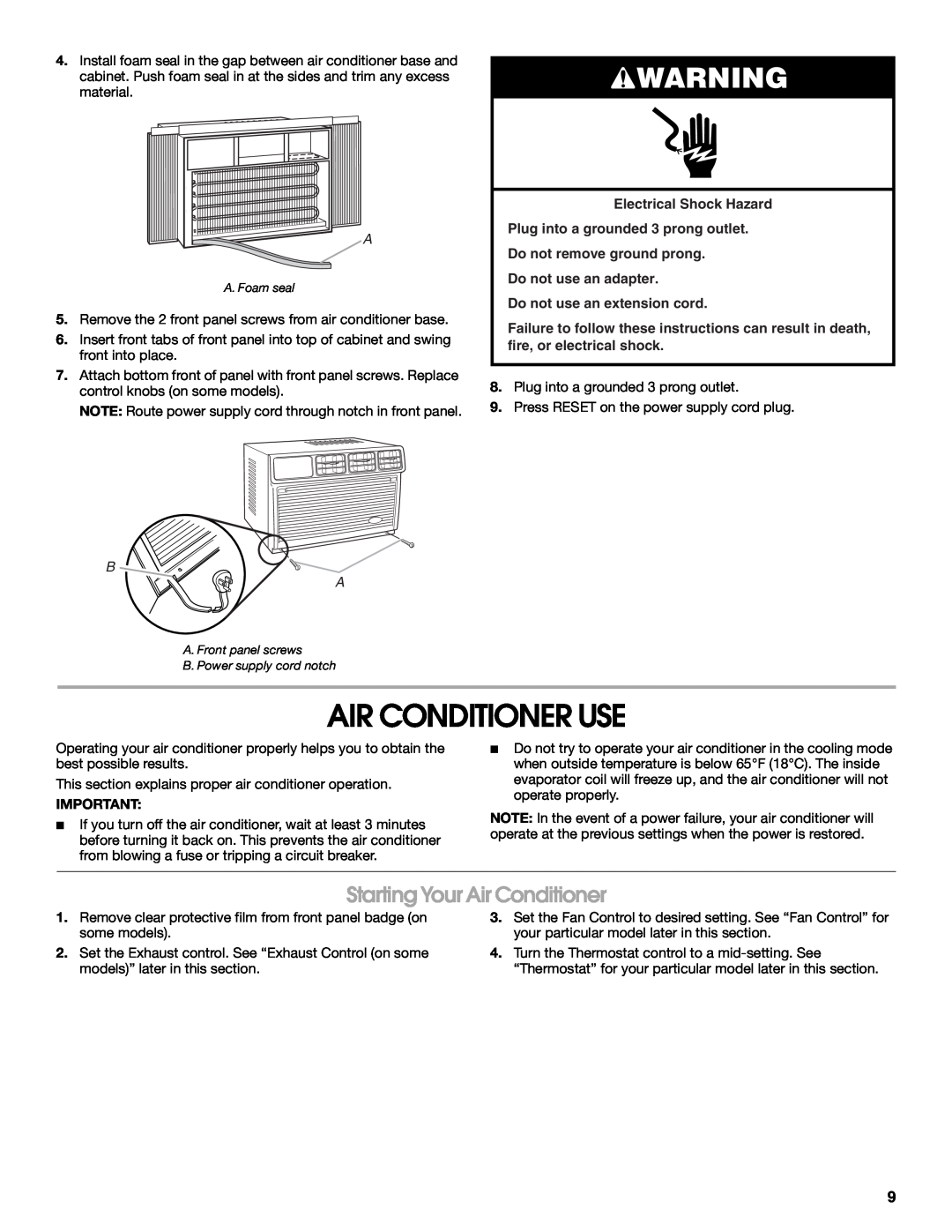 Whirlpool ACE082XR0 manual Air Conditioner Use, Starting Your Air Conditioner, Electrical Shock Hazard 