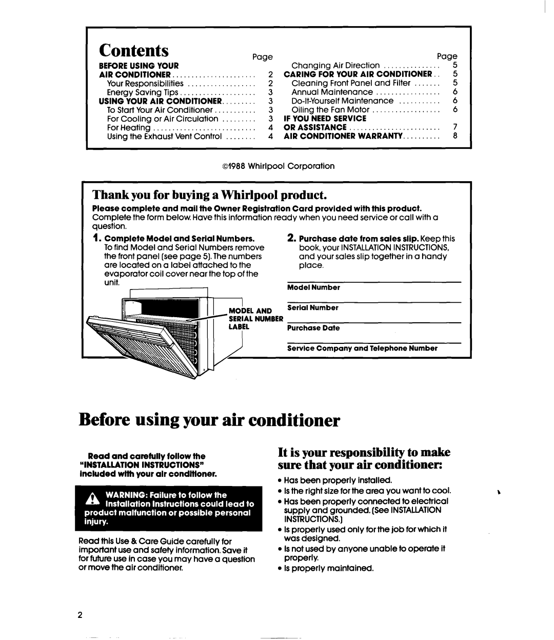 Whirlpool ACE082XS0 manual Contents, Before using your air conditioner 