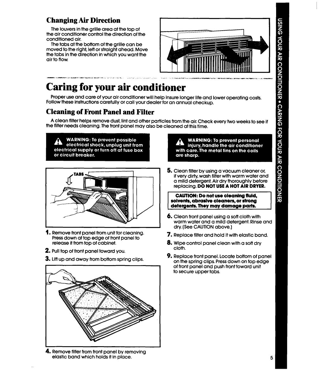 Whirlpool ACE082XS0 manual Caring for your air conditioner, Changing Air Direction, Cleaning of Front Panel and Filter 