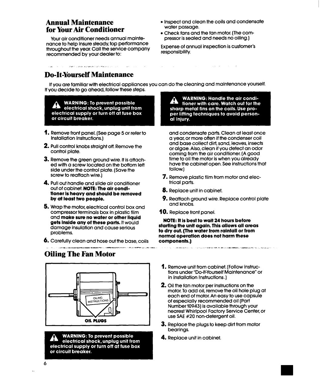 Whirlpool ACE082XS0 manual Do-It-Yourself Maintenance, Oiling The Fan Motor 