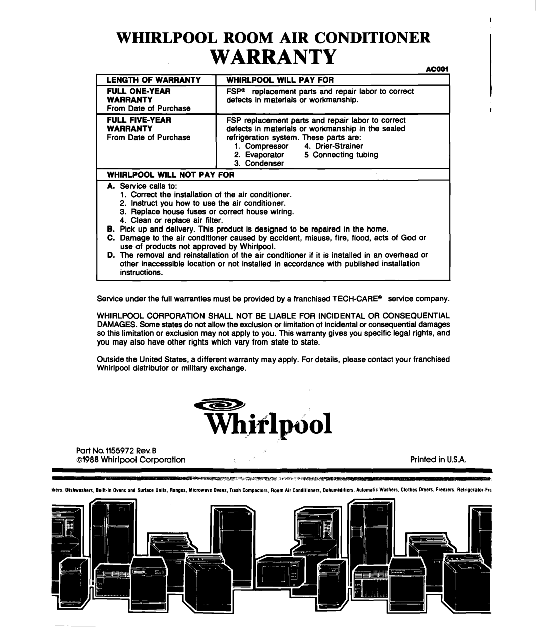 Whirlpool ACE082XS0 manual Warranty, Whirlpool Room Air Conditioner 