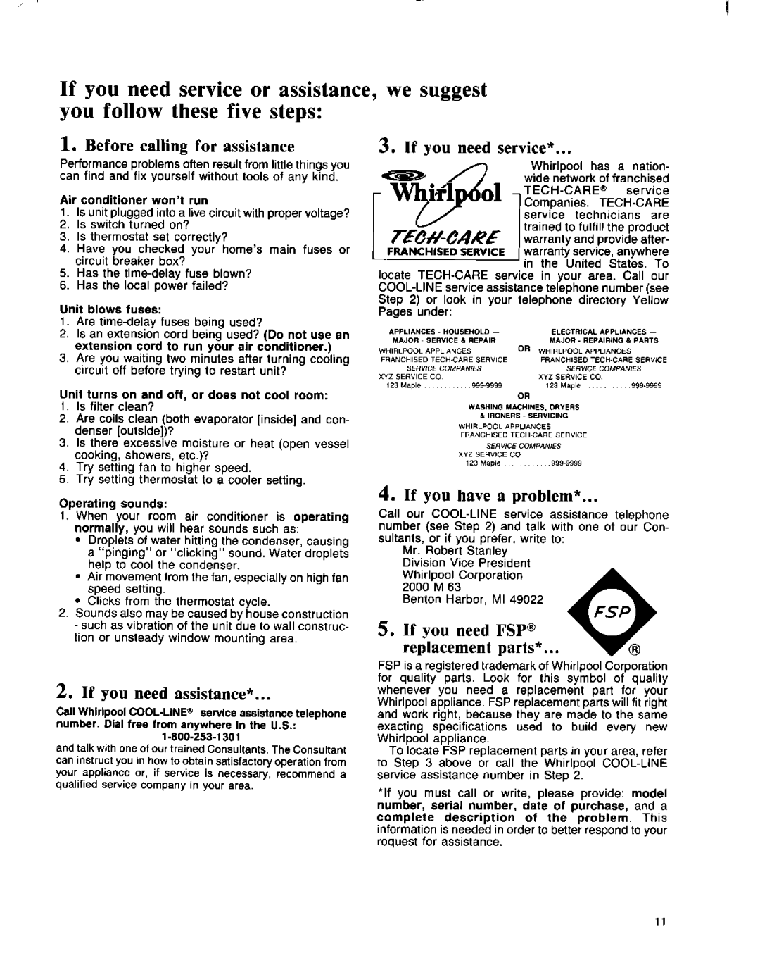 Whirlpool ACE094XM0 manual Before calling for assistance 