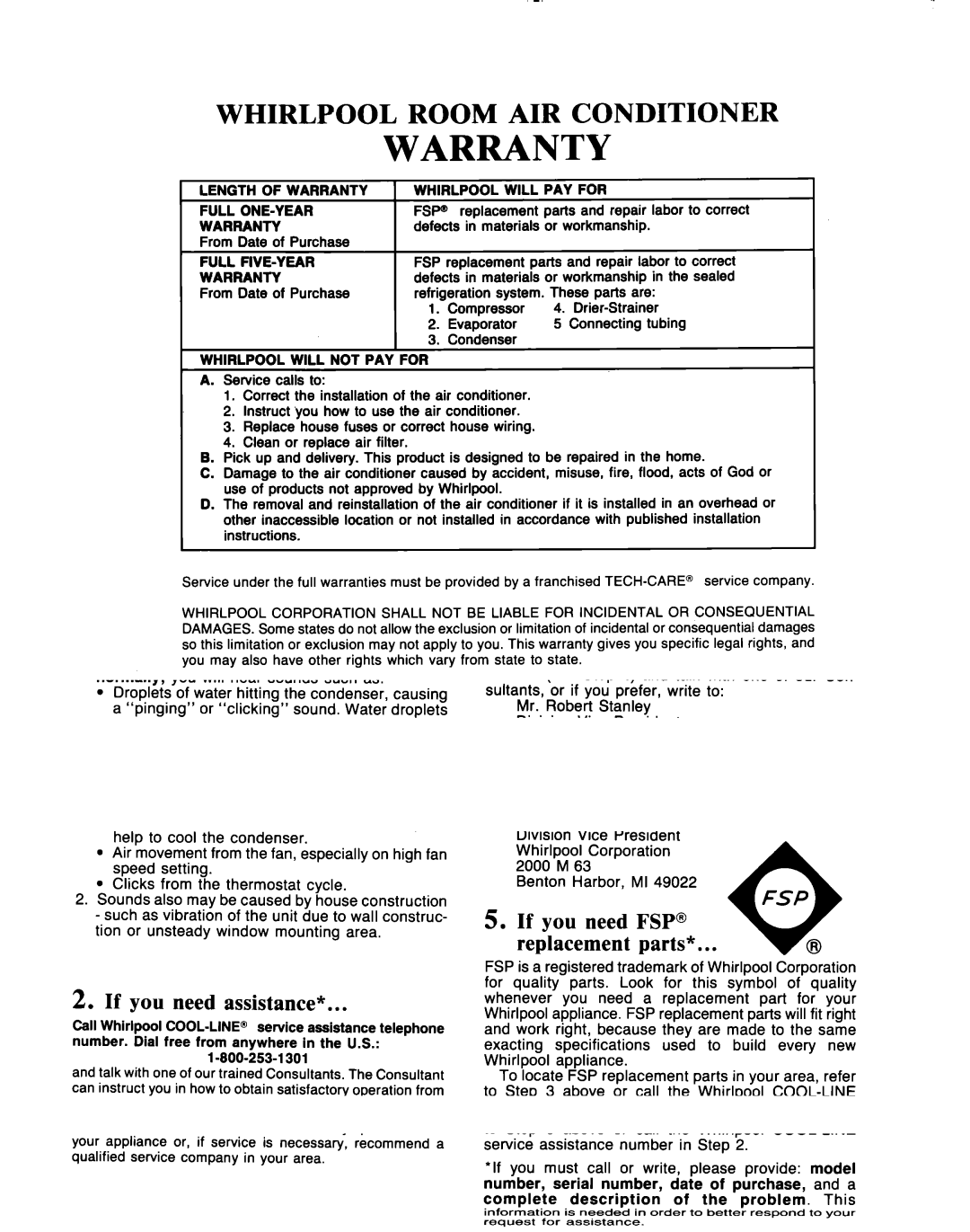 Whirlpool ACE094XM0 manual Warranty 