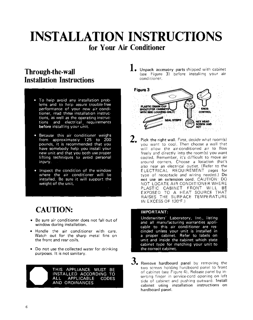 Whirlpool ACE094XM0 manual For Your Air Conditioner Through-the-wall, Installation Instructions 